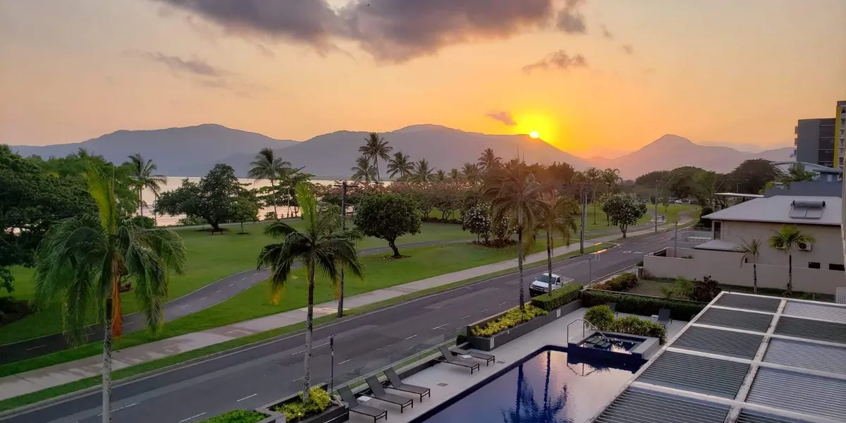 A tropical landscape at sunset